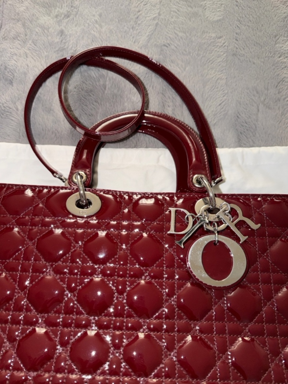 Preloved Christian Dior Burgundy Patent Leather Lady Tote with Dangle Charms - Picture 3 of 11